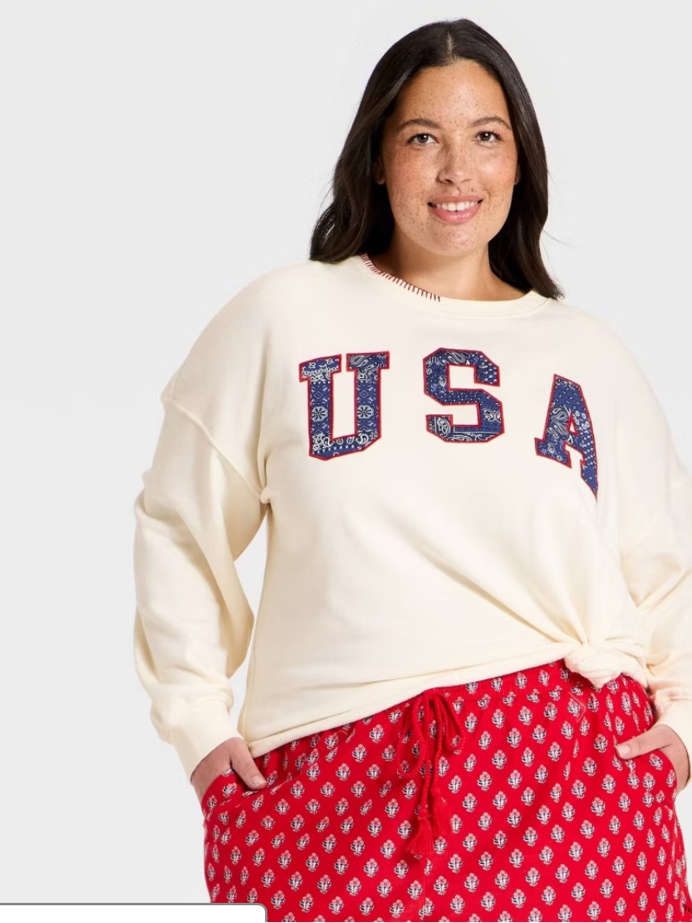 Universal Thread Cream USA Crewneck Sweatshirt with Navy & Red Applique